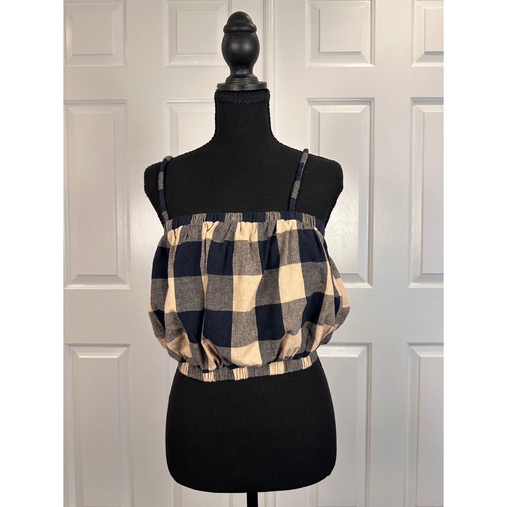 Grade & Gather Navy Tan Buffalo Plaid Bubble Crop Cami Top Small CottonLinen NWT
